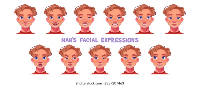 Young guy facial expression cartoon vector set. Adult man face with different emotions. Male portrait with neutral feeling and sad, laughing and angry, embarrassed and surprised, winking his eye.