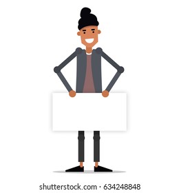 A young guy in fashionable clothes with a message board. Vector illustration isolated on white background