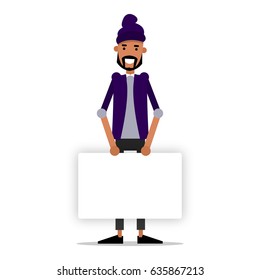 A young guy in fashionable clothes with a message board.  Vector illustration isolated on white background.