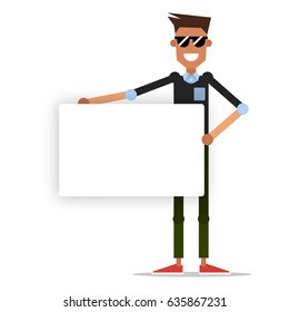 A young guy in fashionable clothes with a message board.  Vector illustration isolated on white background.
