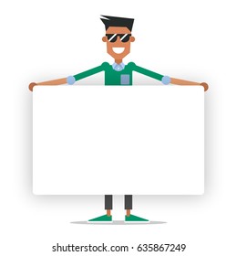 A young guy in fashionable clothes with a message board.  Vector illustration isolated on white background.