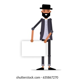 A young guy in fashionable clothes with a message board.  Vector illustration isolated on white background.