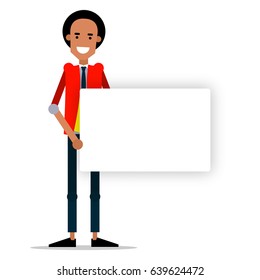 A young guy in fashionable clothes with a message board.  Vector illustration isolated on white background.