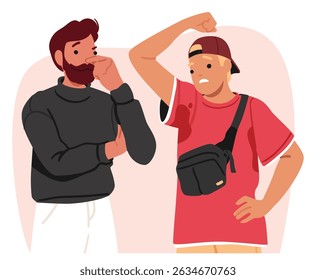Young guy feeling discomfort due to sweaty armpits during conversation with friend cartoon scene. Man covering nose with unpleasant emotion caused perspiring body of his companion vector illustration