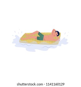 Young guy floating on yellow inflatable mattress in the sea. Summer leisure. Teenager boy in green swim shorts. Flat vector icon