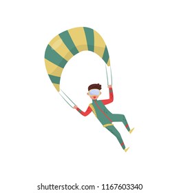 Young guy flying with parachute. Professional skydiver. Extreme sport. Man in green suit and protective goggles. Flat vector design