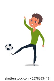 Young guy with football ball vector illustration. Schoolkid cartoon character. Sportsman flat clipart. Handsome, stylish boy isolated design element