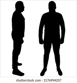 A young guy in full growth, without movement. A man in a tracksuit, sports shoes. Two silhouettes of the same person. Side view, profile. Front view. Two black male silhouettes isolated on white