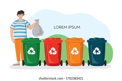 A young guy with a garbage bag near colored plastic bins for separate garbage. Color containers for sorting waste.  Concept of eco living, green thinking, conscious consumption. Vector illustration.