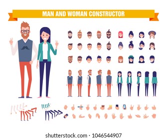 Young guy and girl character constructor with various views, hairstyles, poses and gestures. Front, side, back view. Modern people concept. Cartoon style, flat vector illustration. 