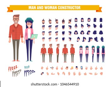 Young guy and girl character constructor with various views, hairstyles, poses and gestures. Front, side, back view. Modern people concept. Cartoon style, flat vector illustration. 