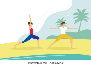 Young guy and girl doing yoga on the beach. Active lifestyle concept. Summer vector illustration in flat style.