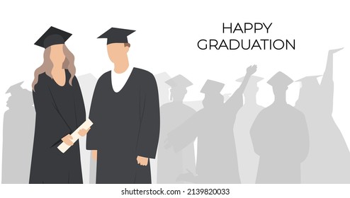 Young guy and girl graduates against the background of a happy crowd of graduates, silhouettes. High school graduation. Poster, banner. Flat vector illustration isolated on white background