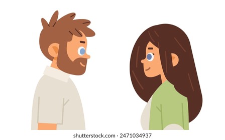 Young guy and girl looking at each other on isolated background. Visual communication flat vector illustration