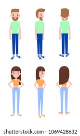 Young guy and girl models from all foreshortenings set. Girl and boy in casual clothes from front, back and side views isolated vector illustrations.