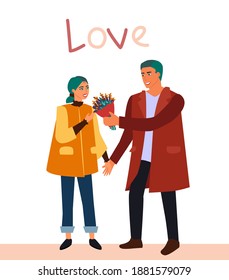 joven y chica en una cita. un hombre le da flores a su amada mujer. Día de San Valentín. ilustración vectorial aislada en fondo blanco. amor de palabra. letras