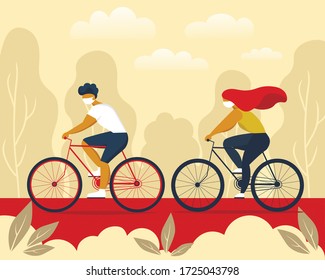 young guy and a young girl in a protective mask ride a bicycle, nature background