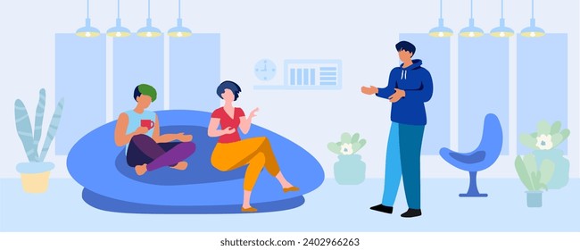 Young guy and girl are sitting in the living room on the couch. A cute people. They talk, have fun in the evening in home comfort. Modern colorful vector flat illustration.