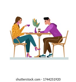 Young guy and girl spend time in a cafe. Isolated on a white background. Vector stock illustration. Flat style.