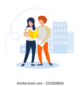 Young guy and girl are standing in the city center and reading a book. Modern fans isolated on white background. Сartoon flat vector illustration.