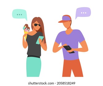 Young guy and girl using a smartphone. They communicate through social networks. Vector illustration in flat style