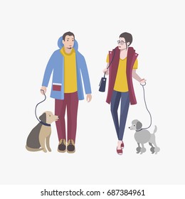 Young guy and girl walking with dogs, Colorful flat vector illustration.