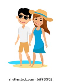 Young guy and girl walking on the beach. The husband and wife on vacation. Vector illustration.