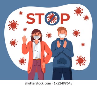 Young guy and girl wearing face medical masks protesting against world epidemic at the background of flying virus and stop sign. Stop spreading coronavirus. Crossed out sign. Cartoon characters