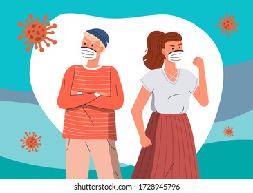Young guy and girl wearing face medical masks protesting against world epidemic at the background of flying virus in the air. Stop spreading coronavirus. Cartoon characters at turquoise background
