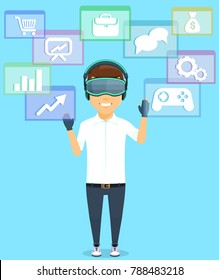 Young guy with glasses virtual reality. The development of technology. Work, entertainment, shopping in virtual reality. In flat style on blue background. Cartoon.