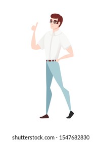 Young guy with glasses wearing casual clothes and gesturing cartoon character design flat vector illustration isolated on white background