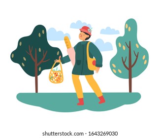 Un joven se va a casa de una tienda con bolsas reutilizables. Un tipo vegano con un comprador. Uso múltiple de cosas. Estilo ecológico. No hay plástico. Vamos verde. Simple ilustración de caricatura vectorial plana.