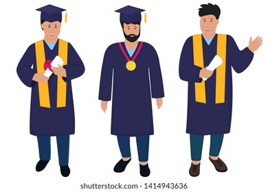 Young guy graduate in graduation gown and hats with tassels. Trendy Flat men