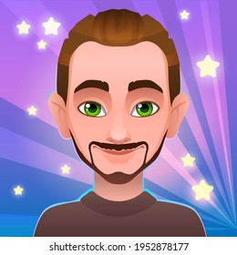 Young guy with green eyes. Purple background with stars.