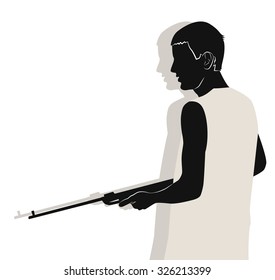 Young guy with a gun. Half length portrait in profile. Vector illustration