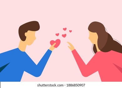 Young guy hands a valentine card to his girlfriend. Vector illustration in flat style.