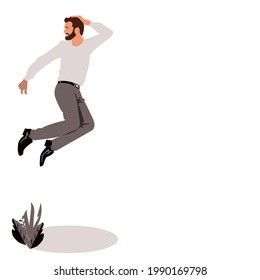  Young guy has beard is smiling , wearing gray long shirt and slacks with shoes is jumping on leaves in monotone.A businessman jumps with happiness in copy space.Vector isolate flat design for Freedom