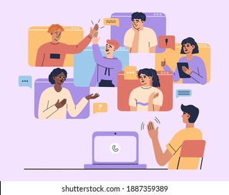 Young guy have online video conference on a laptop with smiling colleagues and friends. Desktop team chatting, group of men and women have meeting and conversation, vector illustration in flat style