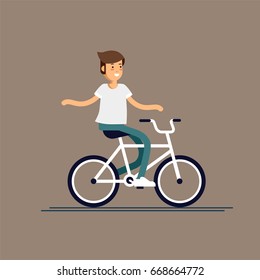 Young guy having fun riding bicycle with backpack . Kid having free time on weekend. Summer break outdoor recreation for junior. Happy boy riding bike. Vector character