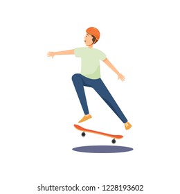 Young guy in a helmet rides a skateboard and performs various difficult stunts.