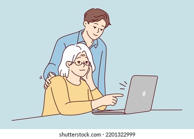 Young Guy Help Old Grandmother With Laptop Work. Mature Grandma Sit At Desk Working On Computer With Grandchild Assist. Vector Illustration. 