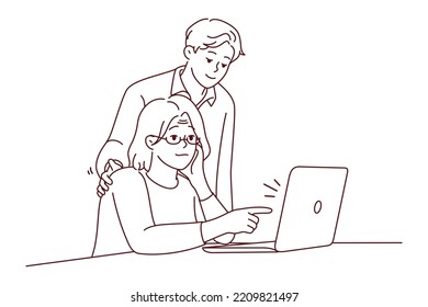 Young guy help old grandmother with laptop work. Mature grandma sit at desk working on computer with grandchild assist. Vector illustration. 