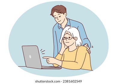 Young guy help old grandmother with laptop work. Mature grandma sit at desk working on computer with grandchild assist. Vector illustration.