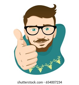 A young guy, a hipster with glasses and a beard crouching and approving pointing his finger up