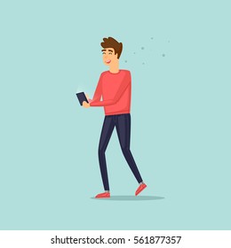 Young guy and his mobile devices. Gadgets. Flat vector illustration in cartoon style.