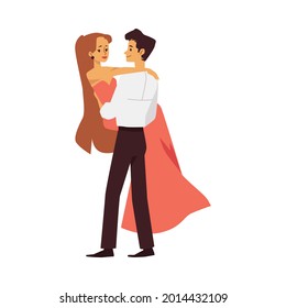 Un chico joven toma las manos y abraza a una chica hermosa. Pareja romántica enamorada o actores que juegan un papel en la filmación de un cine. Ilustración vectorial aislada de dibujos animados planos