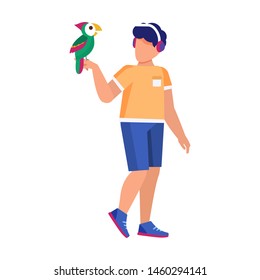A young guy holding colored parrot on his hand. Man with exotic bird in  colorful picture. Vector Flat cartoon style illustration on white background.