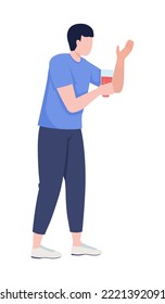 Young guy holding drink semi flat color vector character. Editable figure. Full body person on white. Casual gathering simple cartoon style illustration for web graphic design and animation