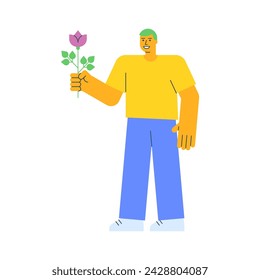 Joven sosteniendo una flor y sonriendo. Ilustración vectorial
