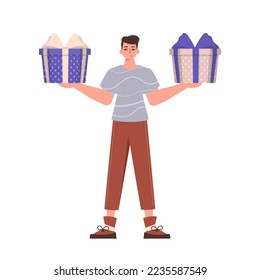 A young guy is holding a gift box. Trendy character style.